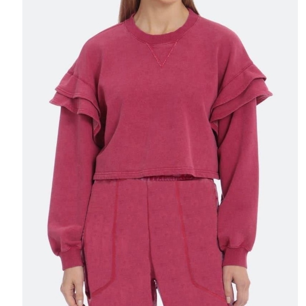 7 For All Mankind Ruffle Sleeve Cropped Sweatshirt Berry Pink Medium Boho